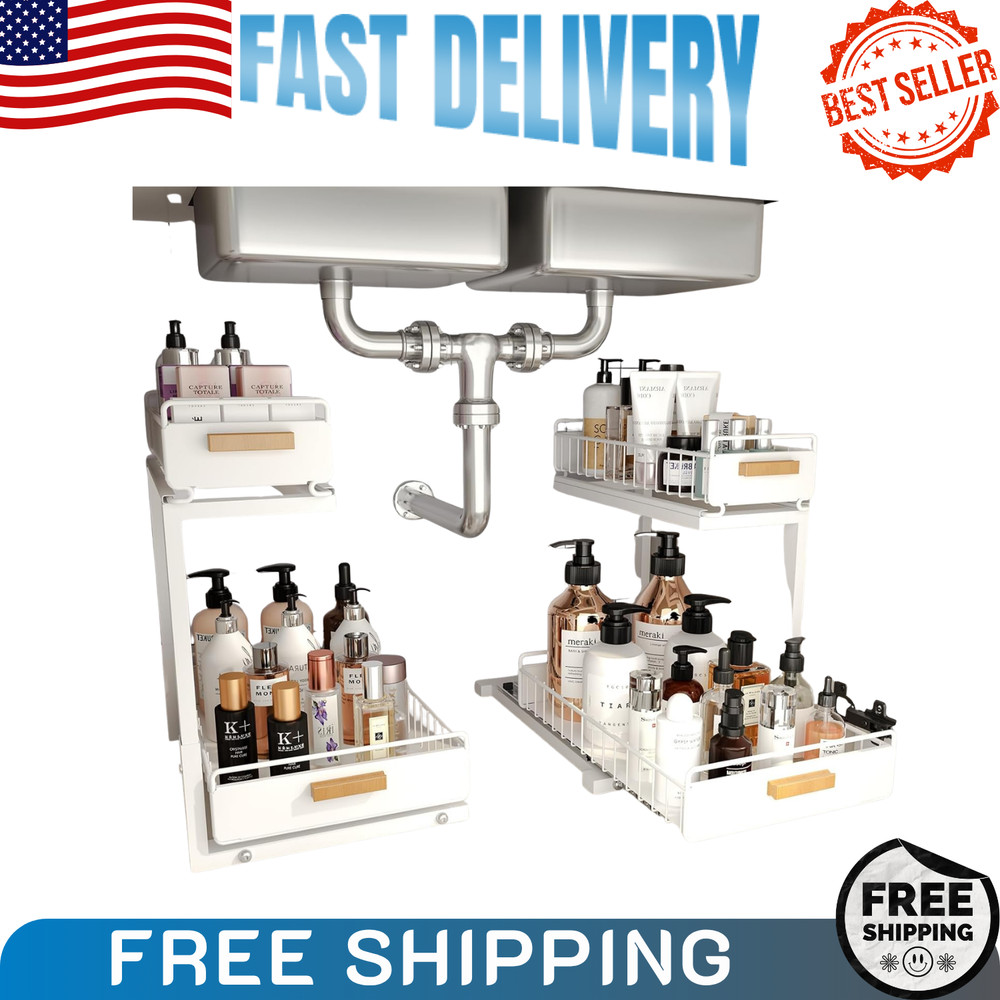 NEW Under Sink Organizer 2 Pack 2 Tier Dual Pull Out Storage White