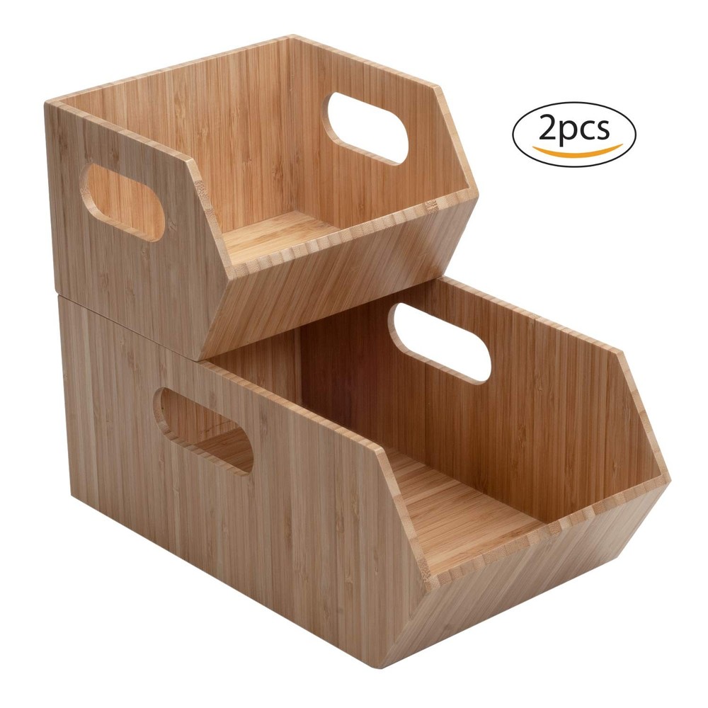 Bamboo Storage Bins for Bathroom Cabinet Organizer, 2 PC Stackable Set, Holds...