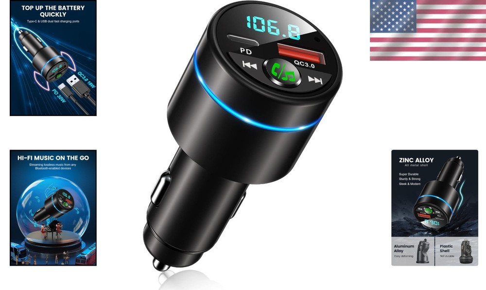 Compact Bluetooth 5.3 Car FM Transmitter with Dual Fast Charging & Blue Light
