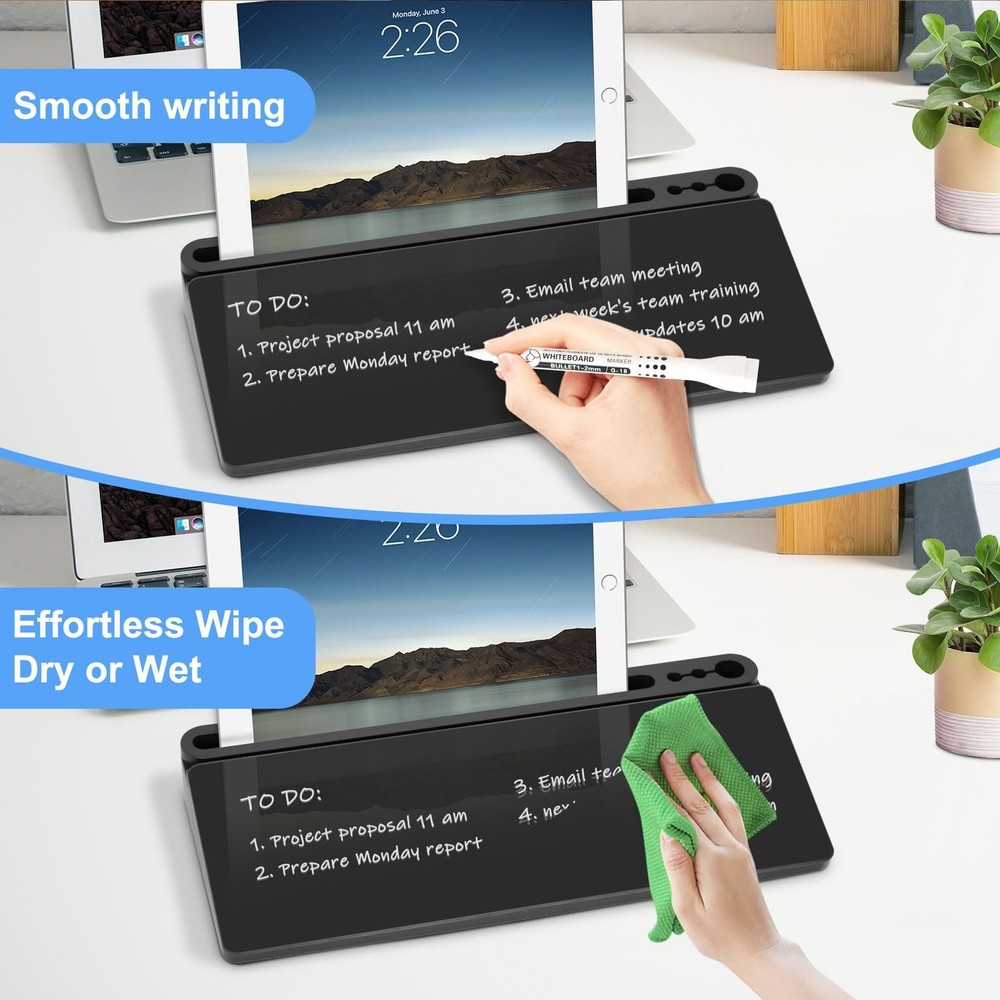 Desktop Glass Whiteboard with Storage, Desk Board with Computer Keyboard Stan...