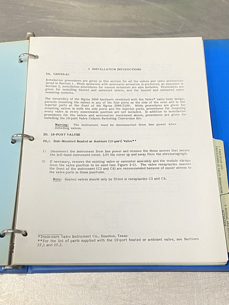 Perkin Elmer PE Sigma 2000/2100 Gas Sampling Valves - Users Guide / Manual