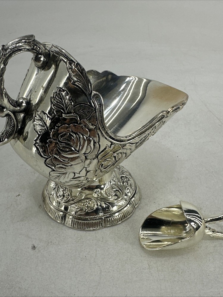 Vintage Silver Plated Sugar Scuttle Bowl Raised Floral Pattern With Spoon