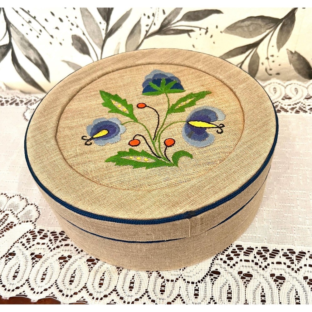 Vintage embroidered cloth covered circular box