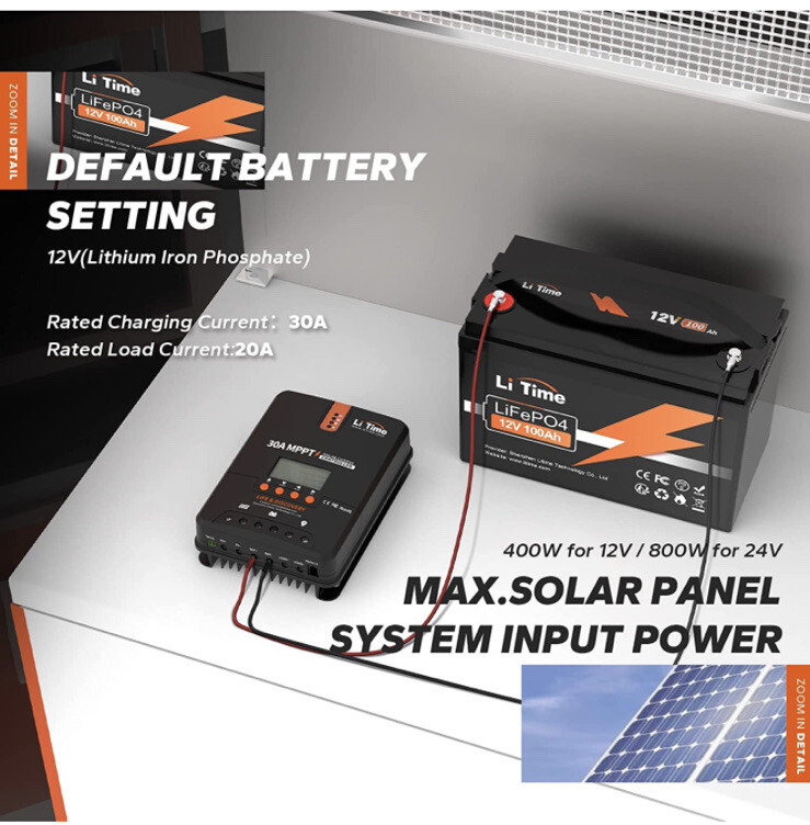 Litime 30 Amp 12V/24V DC Input Bluetooth MPPT Solar Charge Controller