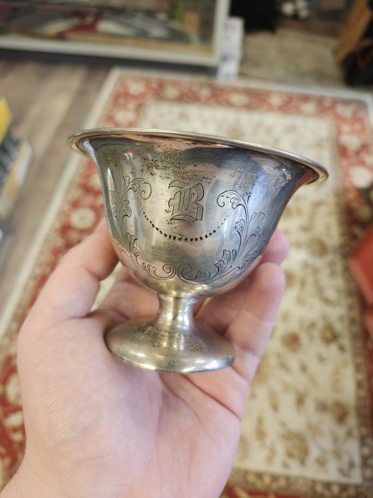 Antique Sterling Silver Monogrammed Cup w/Vine And Leaf Etching