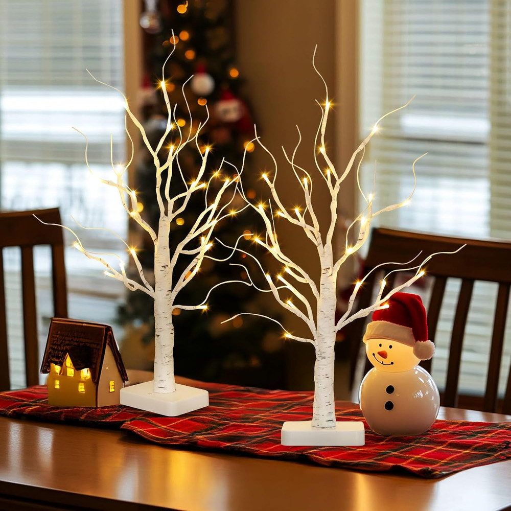 Lighted Birch Tree, 2 Pack Christmas Tree with 24 LED, Tabletop Centerpiece A...