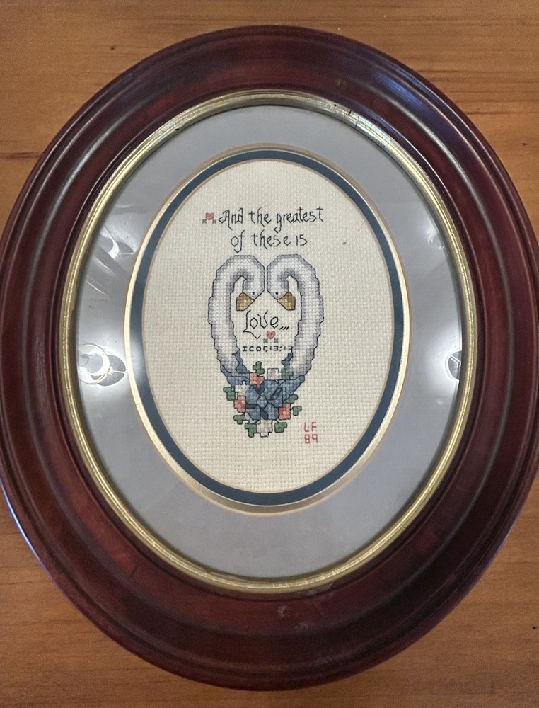 Vintage Handcrafted Cross Stitch Scripture Oval Frame