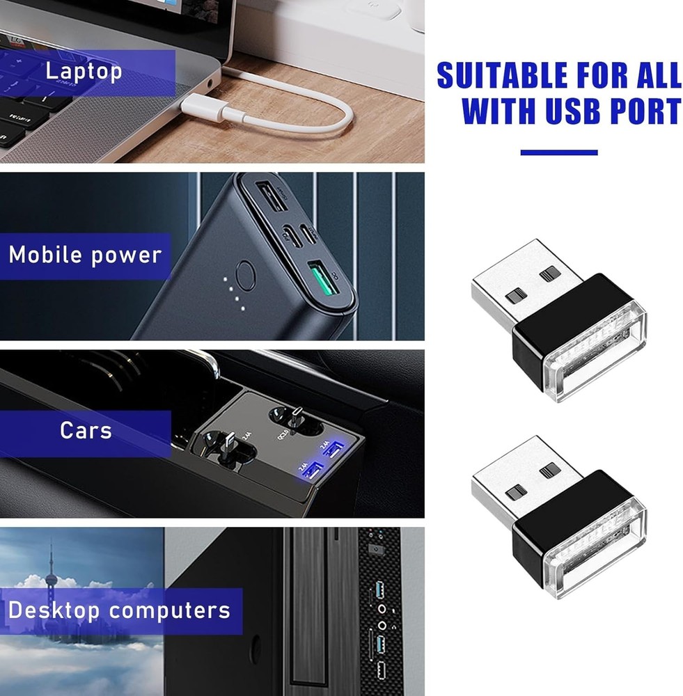 2 PCS USB LED Car Interior Atmosphere Lamp, Portable Mini LED Night Light, Pl...