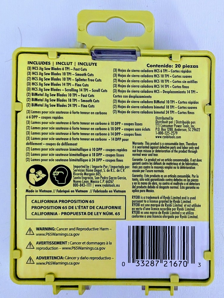 Ryobi 20 PC All Purpose Jigsaw Blade Set (A14AK202) Universal Shank