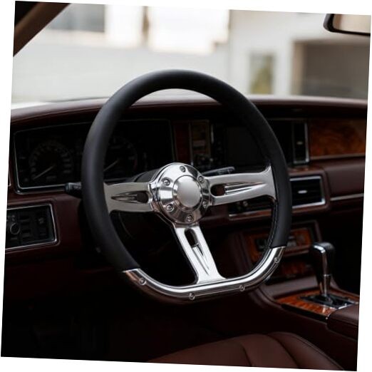 14 Inch D Shape Racing Steering Wheel – 350mm Black Microfiber Leather, Chrome