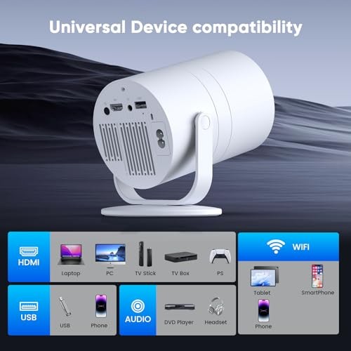 [Built-in Apps] Mini Projector with WiFi and Bluetooth & Android 12, 1-White