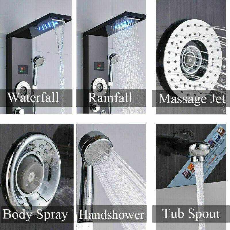 Shower Panel Tower Massage System LED Rain Waterfall Shower Head Black Mixer Tap
