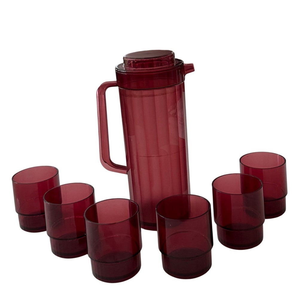 Vtg Tupperware Impressions Ruby Red Pitcher & 6 Stackable 10oz Tumblers Set 7pc