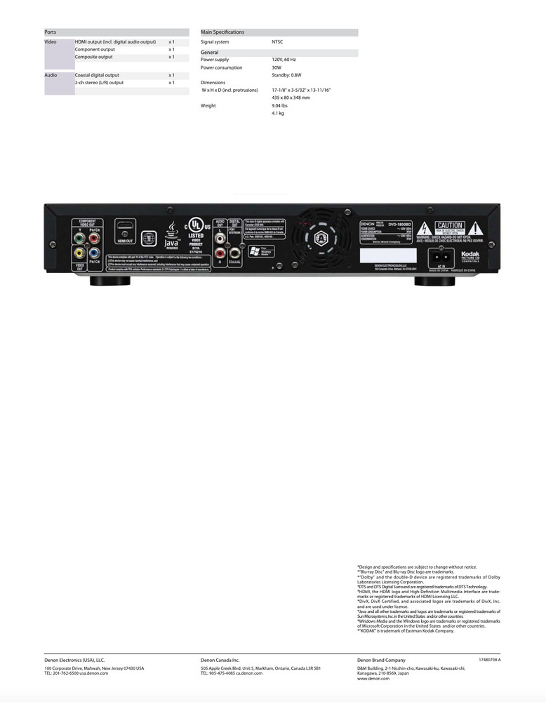 Denon DVD-1800BD CD/DVD/BluRay Player