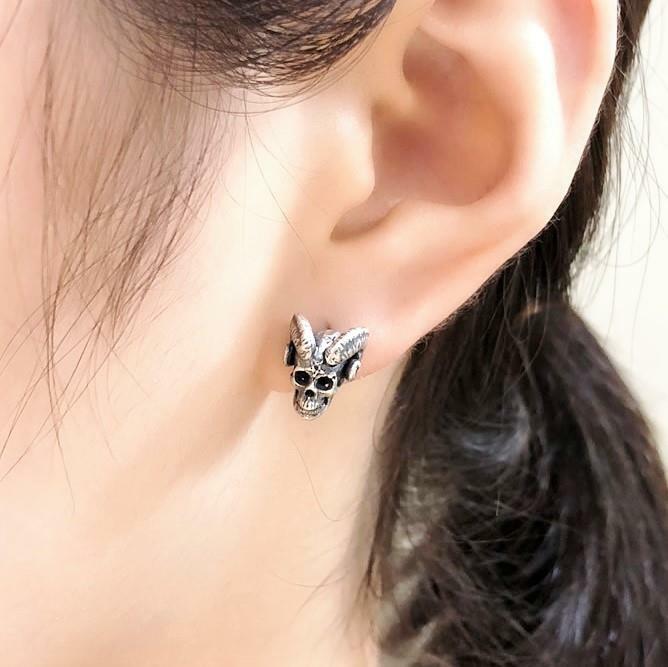 Handmade Sterling Silver Devil Demon Skull Horn Stud Post Earrings Gothic Punk
