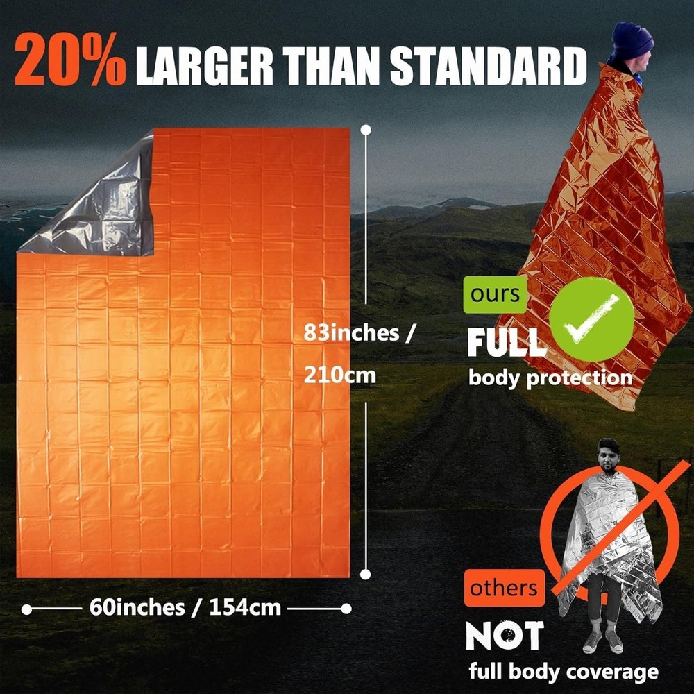 Emergency Blanket 2-Pack, Extra-Thick Extra-Large Space Blankets with Whistle...
