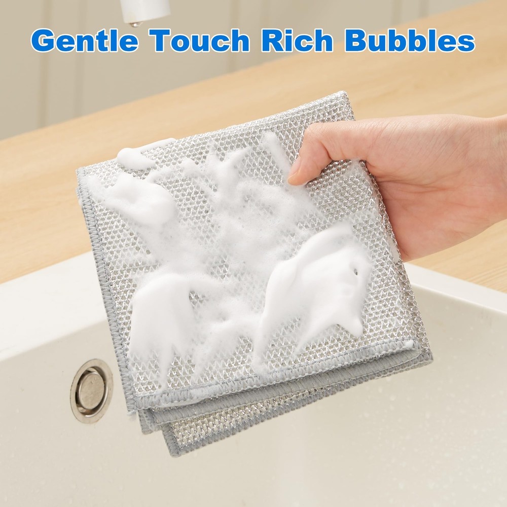 Dual-Sided Silver Microfiber Cleaning Cloth, Reusable Non-Scratch Dishwashing...