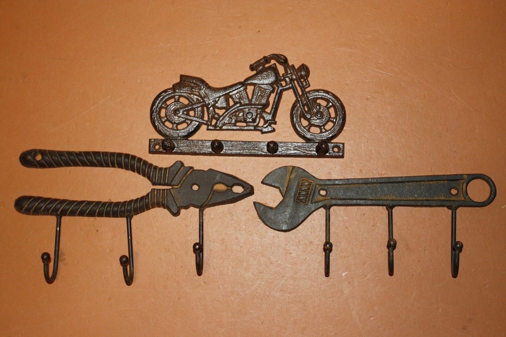 (3) Motorcycle & Rustic Tools Cast Iron Wall Hooks Gift Set, Riding High