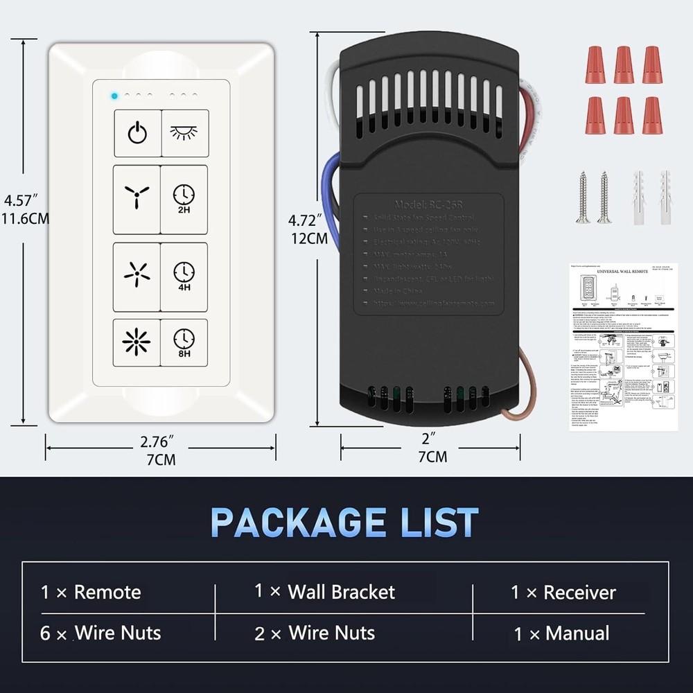 White Ceiling Fan Remote Control & Dimmer Switch with Timer Settings - 3-Speed