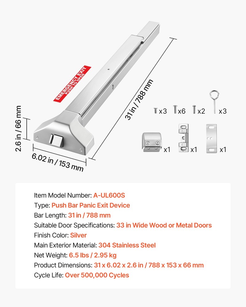 VEVOR Push Bar Panic Exit Device Panic Bar for Exit Doors 31" Dual Locking Bolt