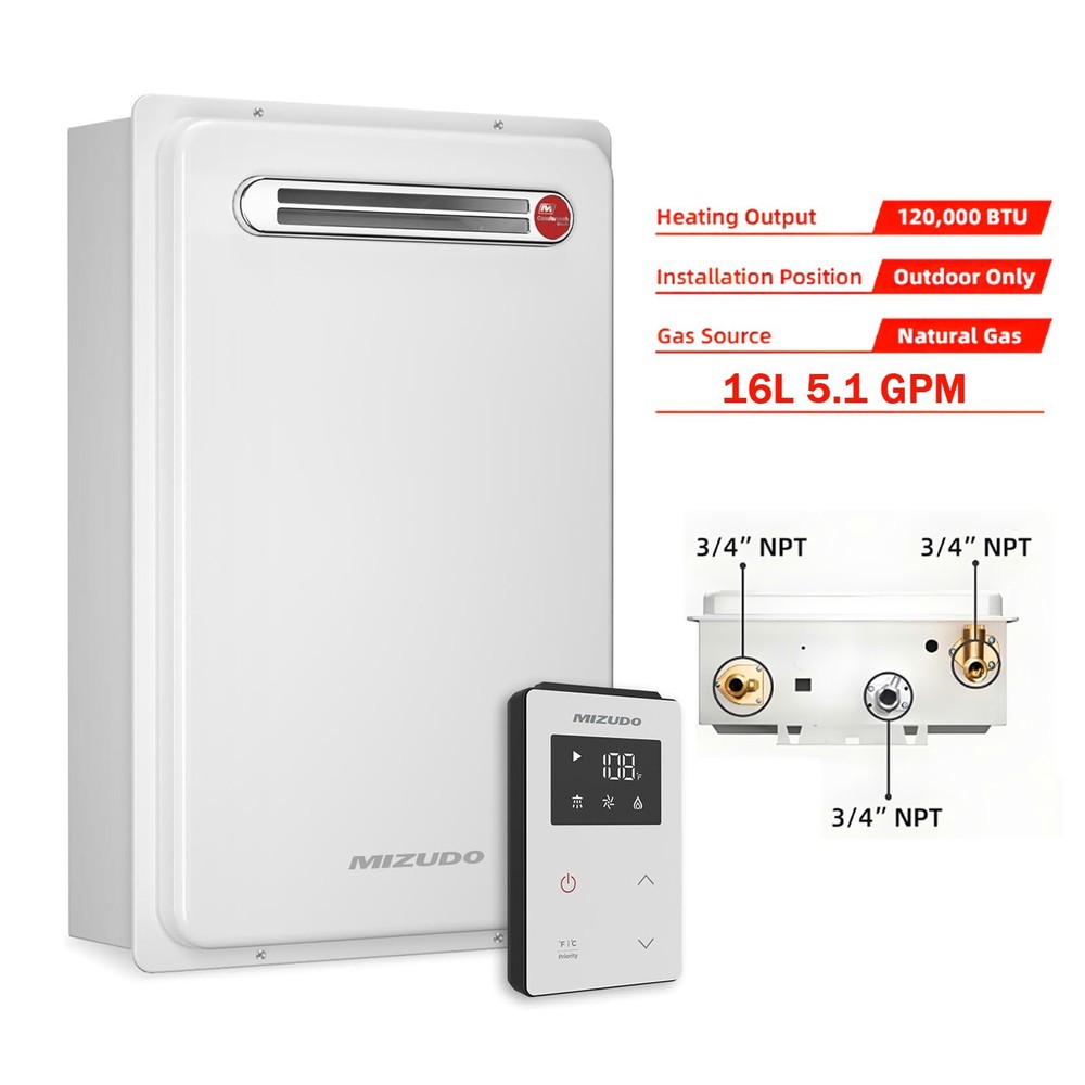 16L 5.1GPM 120000 BTU Natural Gas Tankless Water Heater Outdoor for Whole House