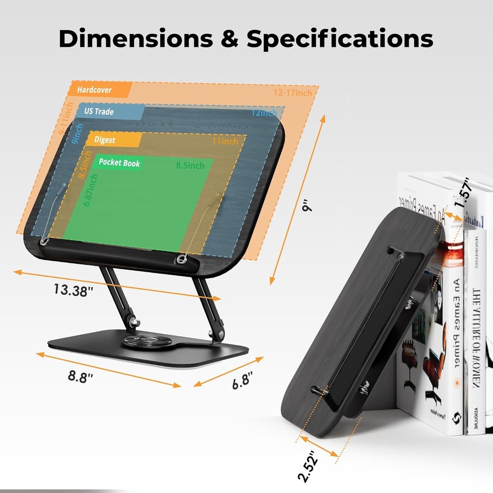 Book Stand Reading Adjustable Book Holder W/ 360° Rotating Bases Foldable