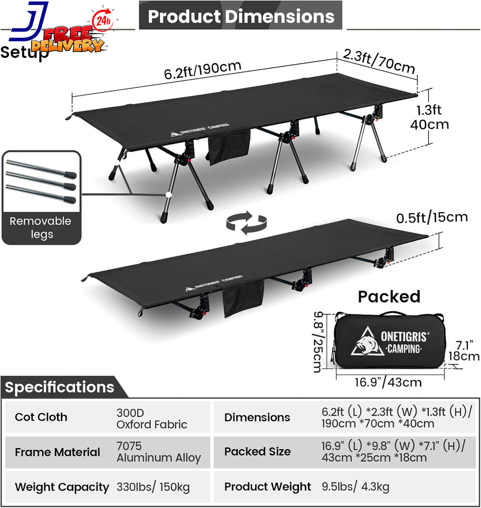 Adjustable Camping Cot 330Lbs Support Lightweight & Portable Bed