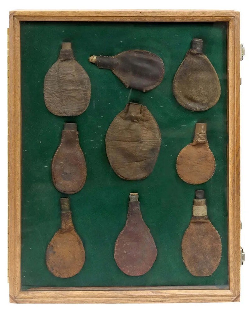 (9) LEATHER SHOT POUCHES 19th C & FINE DISPLAY BOX
