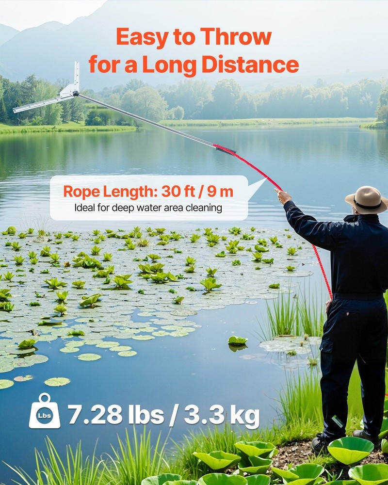 Optimized Water Garden Rake with 22-37in Cut Width and 30ft Launch String