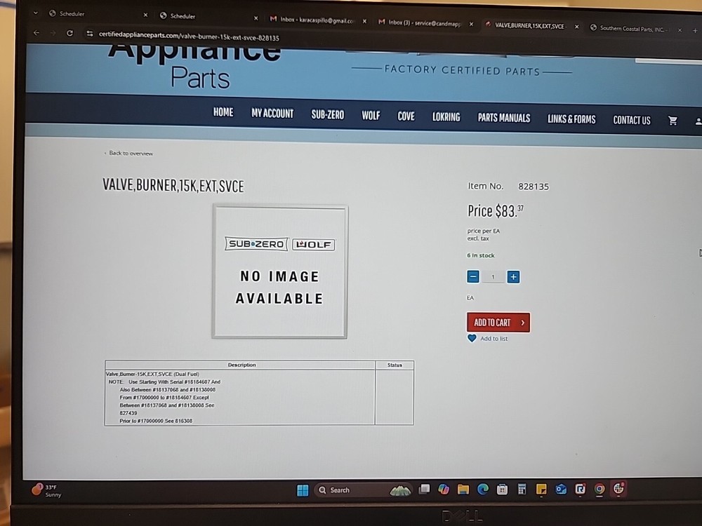 828135 Wolf Burner Valve