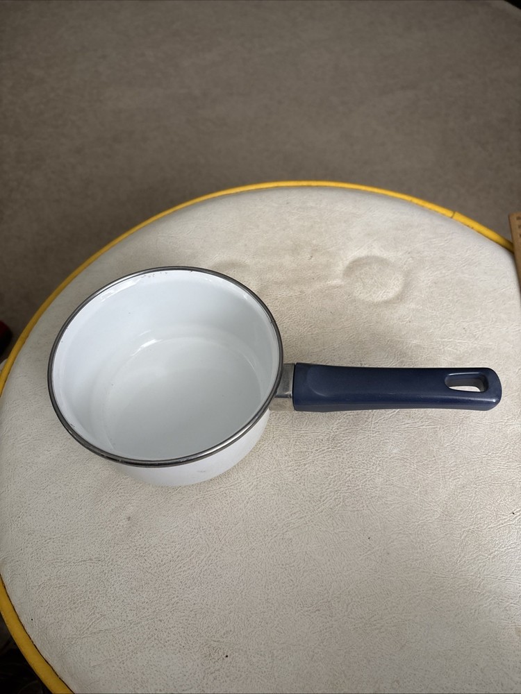 Vintage White Enamel Saucepan With Blue Handle