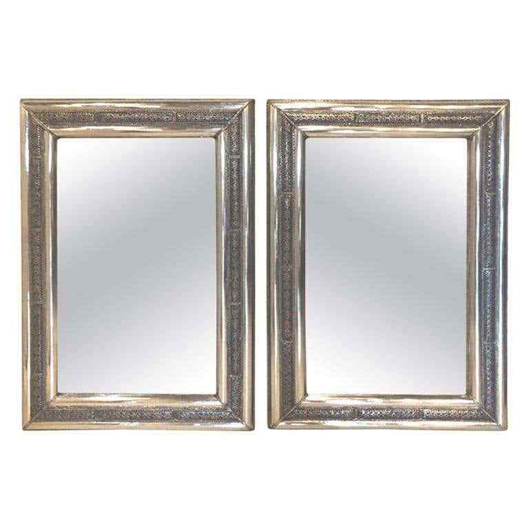 Hollywood Regency Style Console or Wall Mirror Brass with Stones Inlay, a Pair