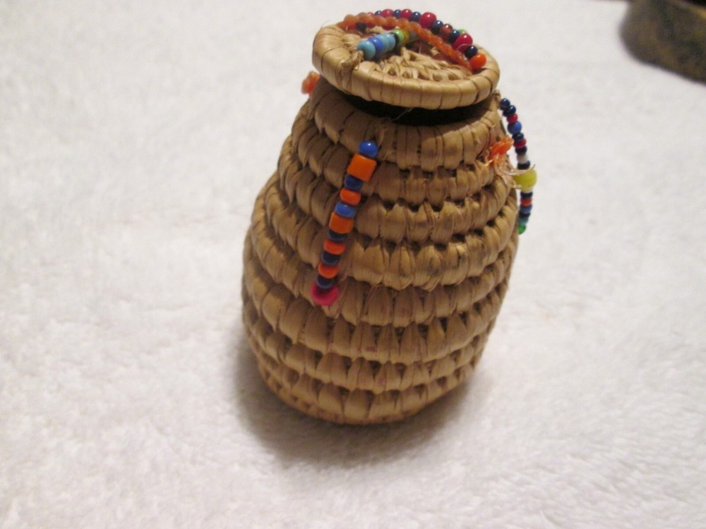 Mini Coil Basket With Lid & Bead Work Decorations