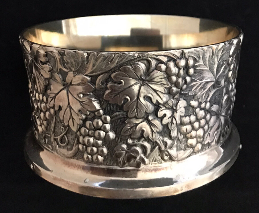 Wine Champagne Bottle Coaster Grapes Silverplate
