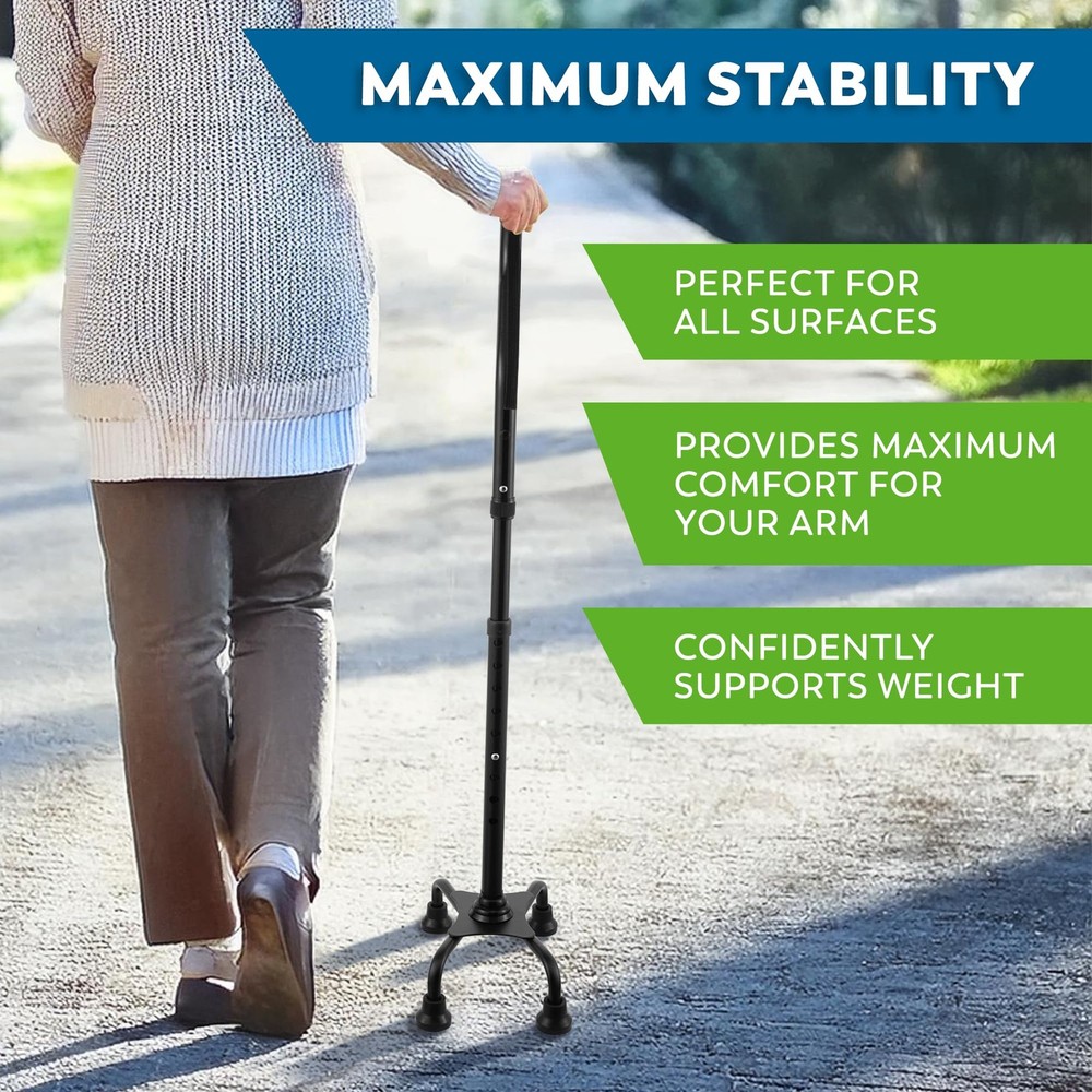 Walking Quad Cane Adjustable Lightweight Large 4 Pronged Base Balance
