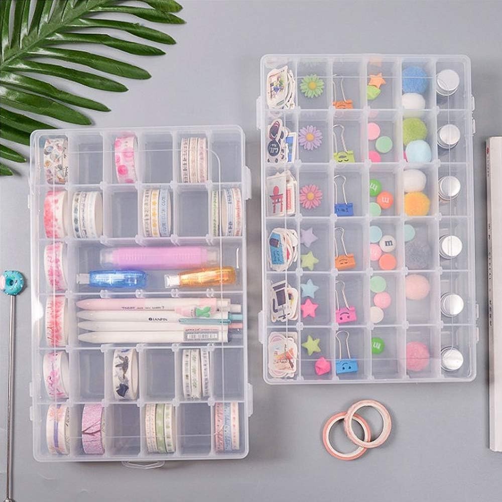 Clear Plastic 36-Compartment Bead Organizer, 2 Pack with Snap Closure & Labels