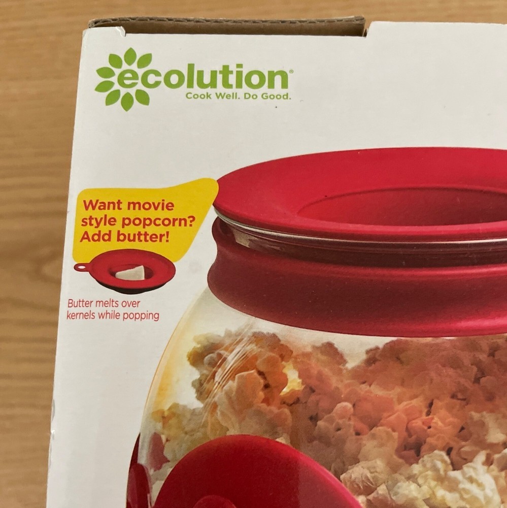 Ecolution Micro-Pop Microwave Popcorn Machine Popper Red Glass Silicone 1.5 Qt