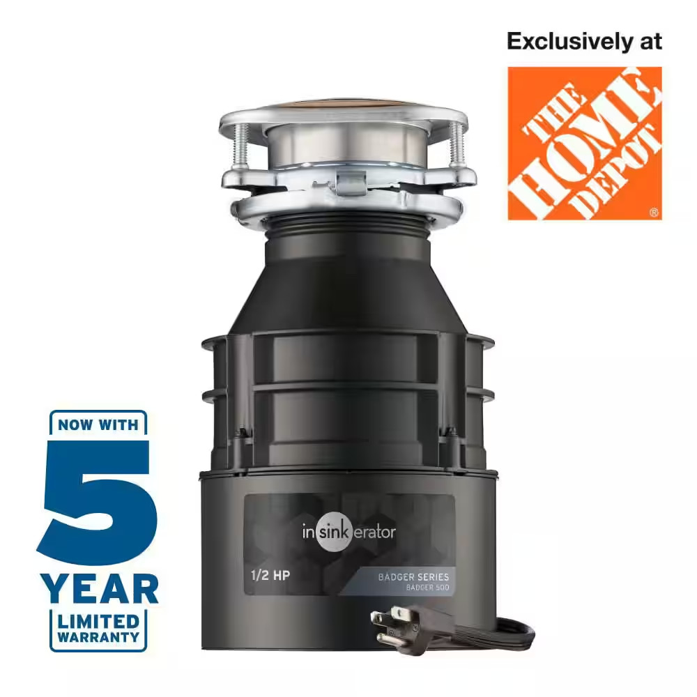 Badger 500 W/C, 1/2 HP Continuous Feed Kitchen Garbage Disposal with Power Cord,