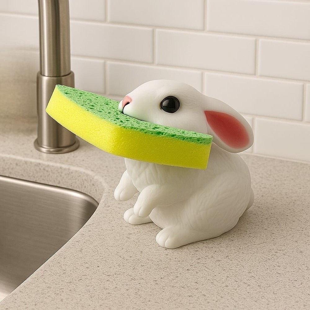 Bunny Rabbit Sponge Holder w/ Sponge Fun Kitchen Counter Organizer Novelty Gift
