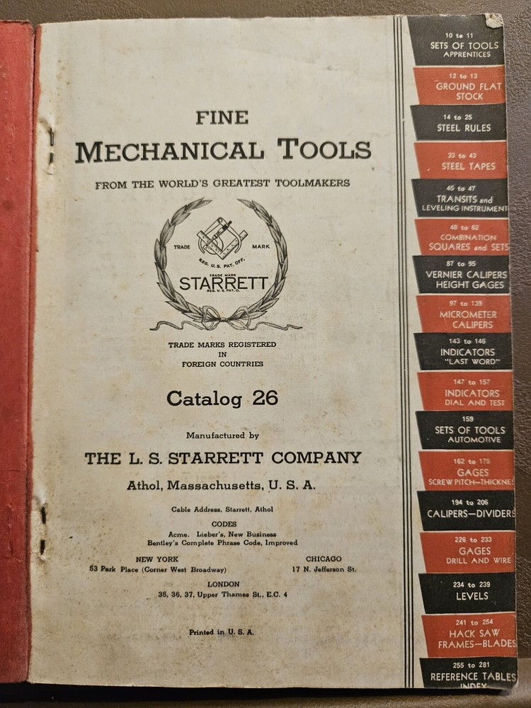 Starrett 1938 Tool Catalog #26 Machinists Tools Precision Book