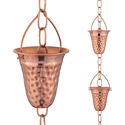 Copper Hammered Rain Chain Hollow Leaf Decorative Downspout Chimes Cups Gutter