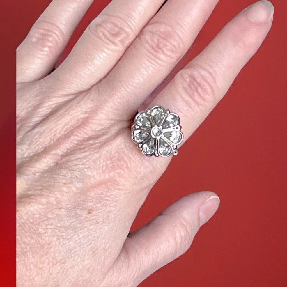 Unique Silver and Crystal Wire Wrapped Button Ring Size 8