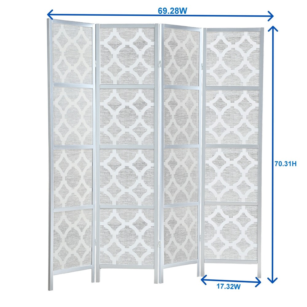 Infused Diamond Design 4-Panel Room Divider Screen, Modern Silver Partition