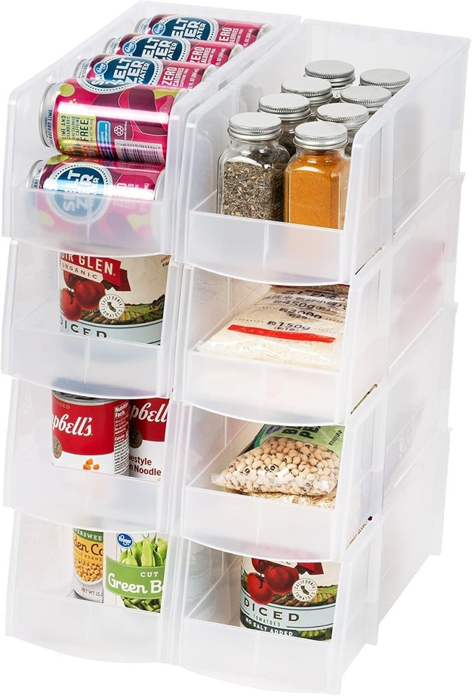 Clear Plastic Stackable Storage Bins, Large- 8 Pack, Open Front Fridge Pantry...