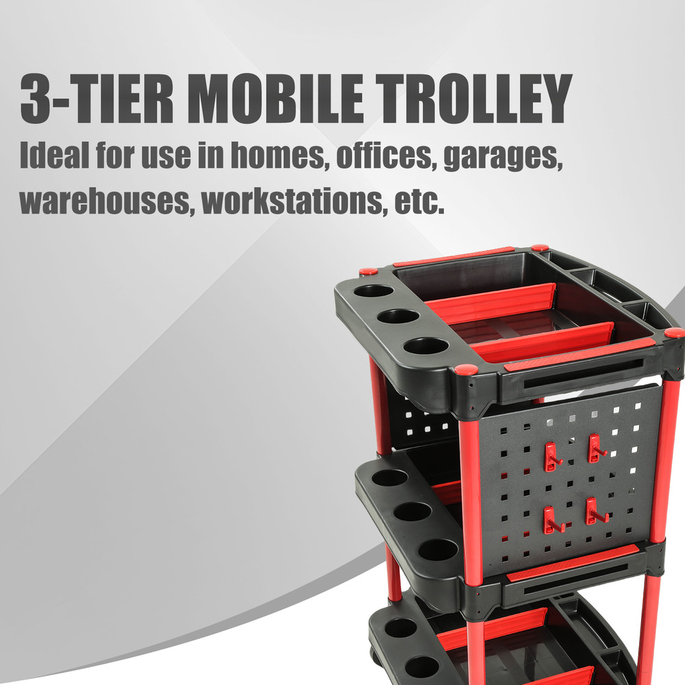 3-Level Composite PP Warehouse Garage Office Rolling Trolley W/Pegboard Casters