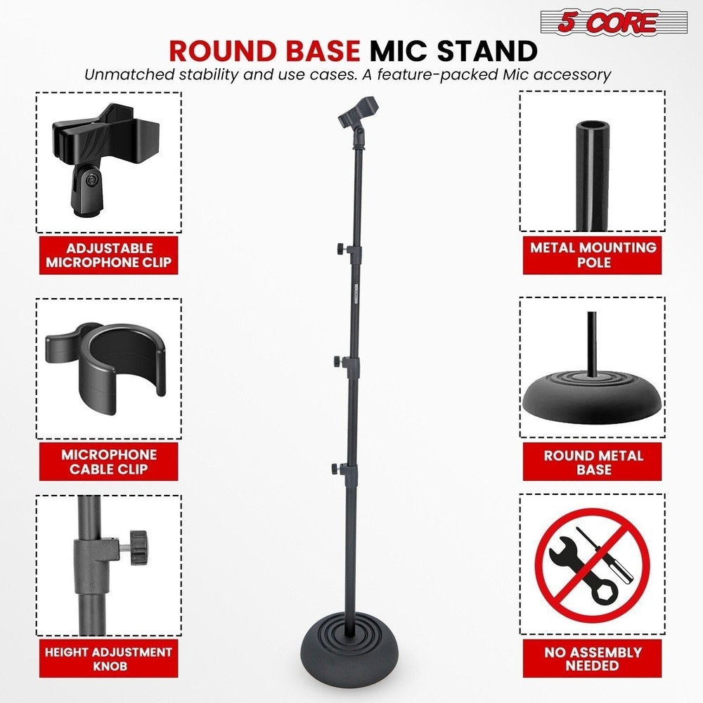 5Core Mic Stand Floor Adjustable Round Base Universal Metal Microphone Stands