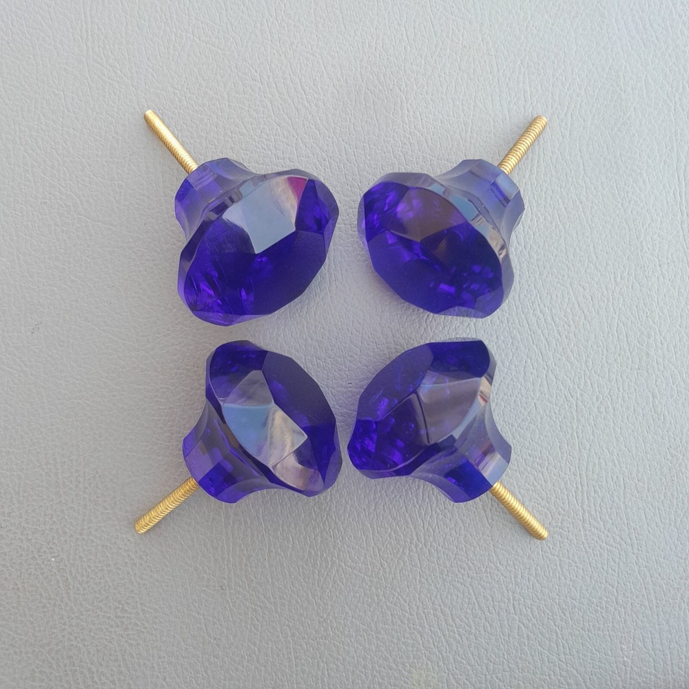 vtg blue victorian diamond cut glass drawer knob handle pull 4PC