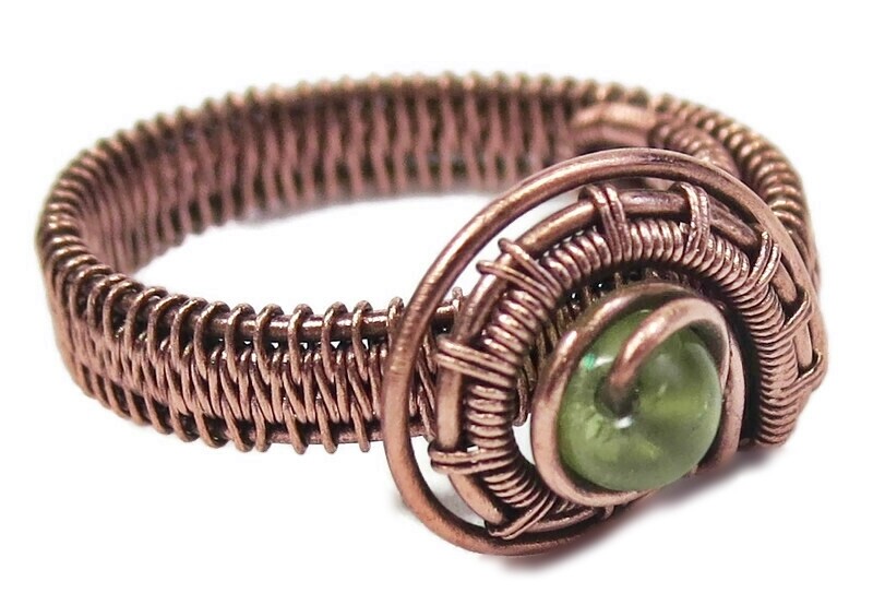 Peridot Adjustable Ring, Woven in Copper Wire