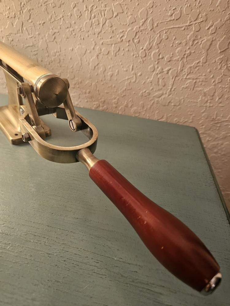 Vintage Solid Brass WallMounted CorkScrew, Lever Style W/Turned Wood Handle-Very