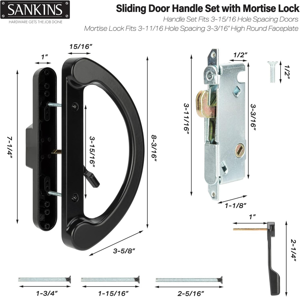 Sliding Patio Door Handle Pull Set with Mortise Lock, Full Replacement Black Die